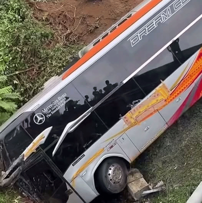 Bus Miyor yang alami kecelakaan tunggal. (foto diambil dari facebook)
