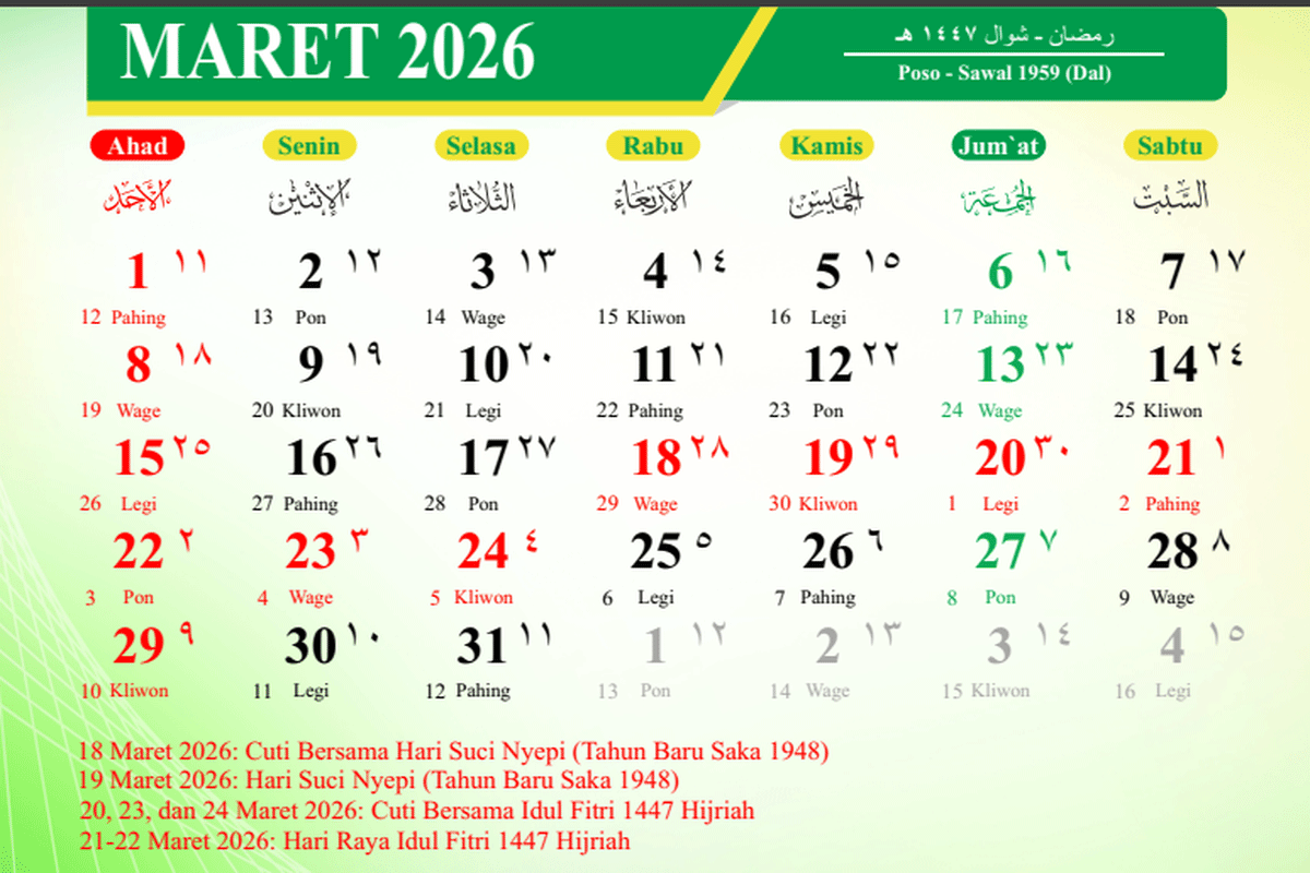 Kalender Maret 2026.