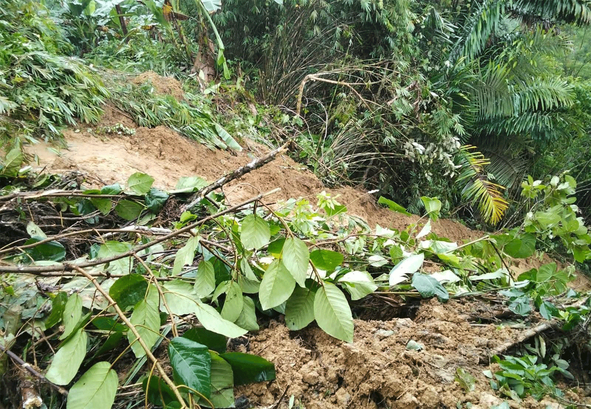 Material longsor yang menimbuin badan jalan.