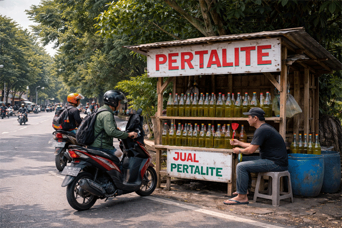 Ilustrasi pengecer BBM di pinggir jalan. (Konten AI)