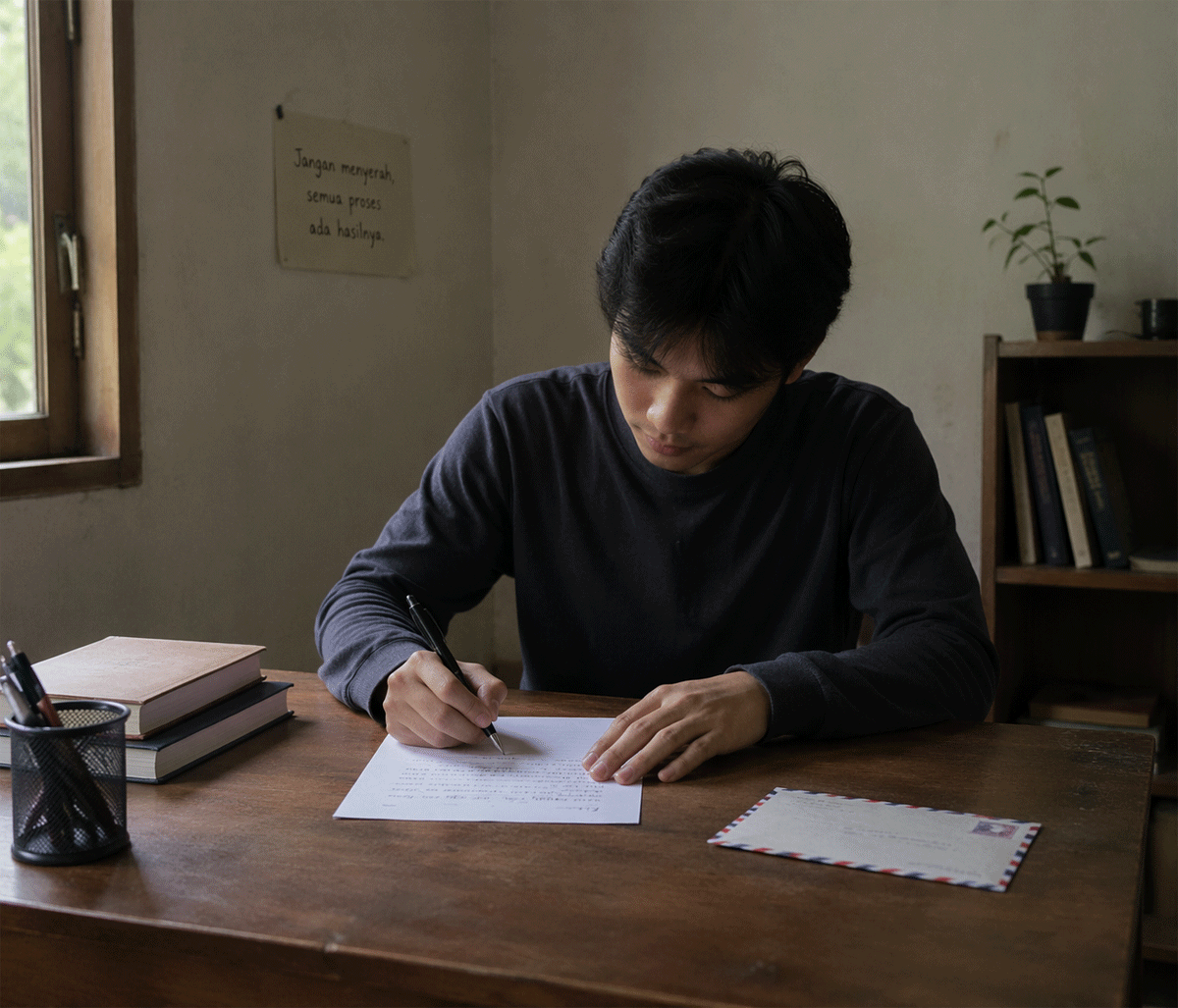 Ilustrasi warga menulis surat. (konten AI)