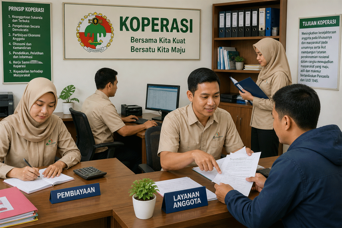 Ilustrasi aktivitas di kantor koperasi. (Konten AI)